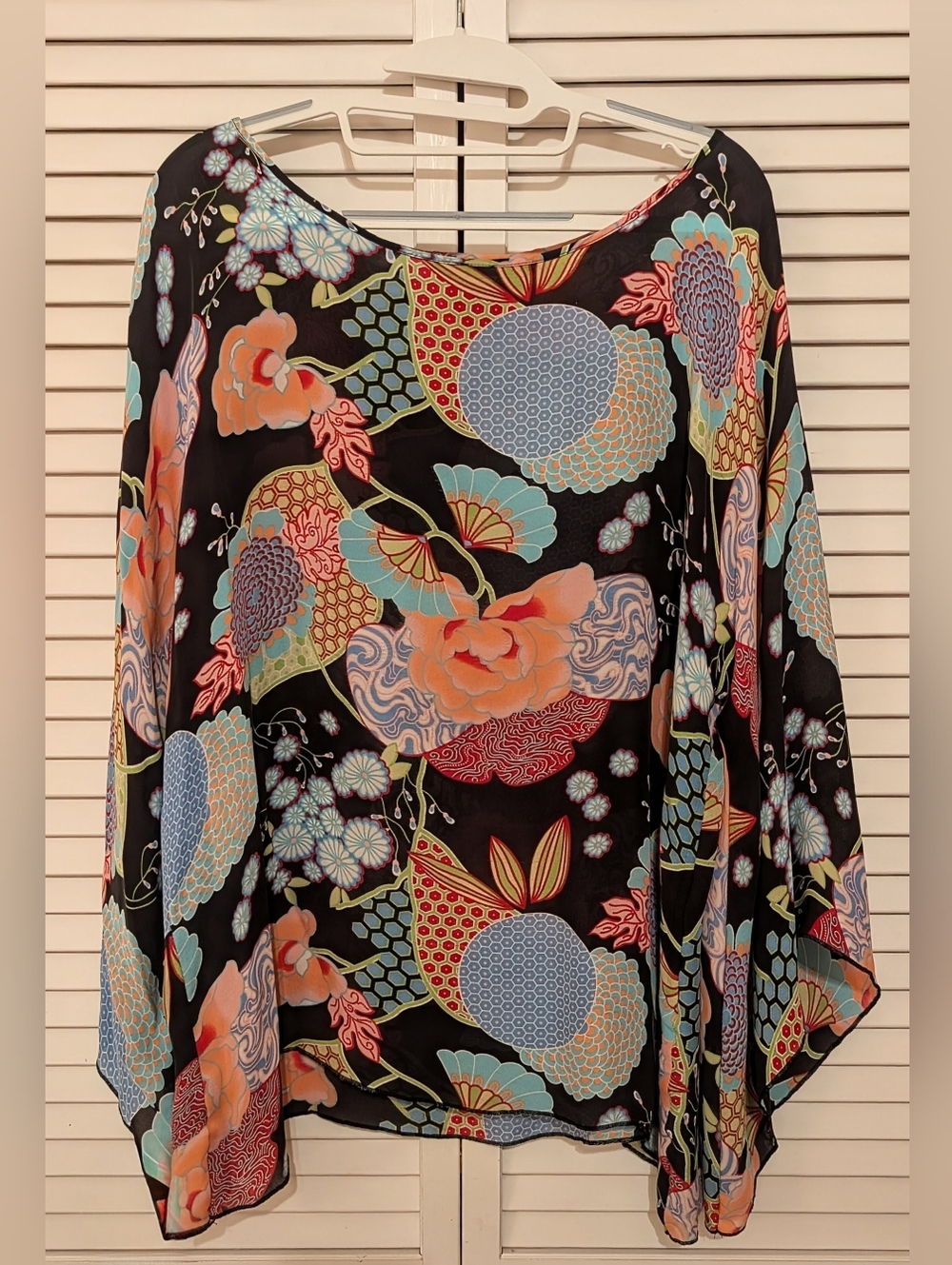J Peterman Asian Art Deco Print Silk Bohemian Blouse M/L